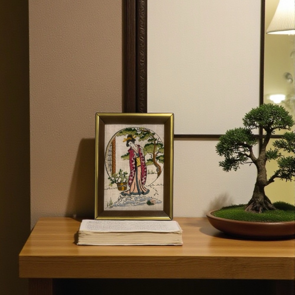Vintage 80’s Handmade Crewel “Oriental Pond” Geisha Framed Embroidery